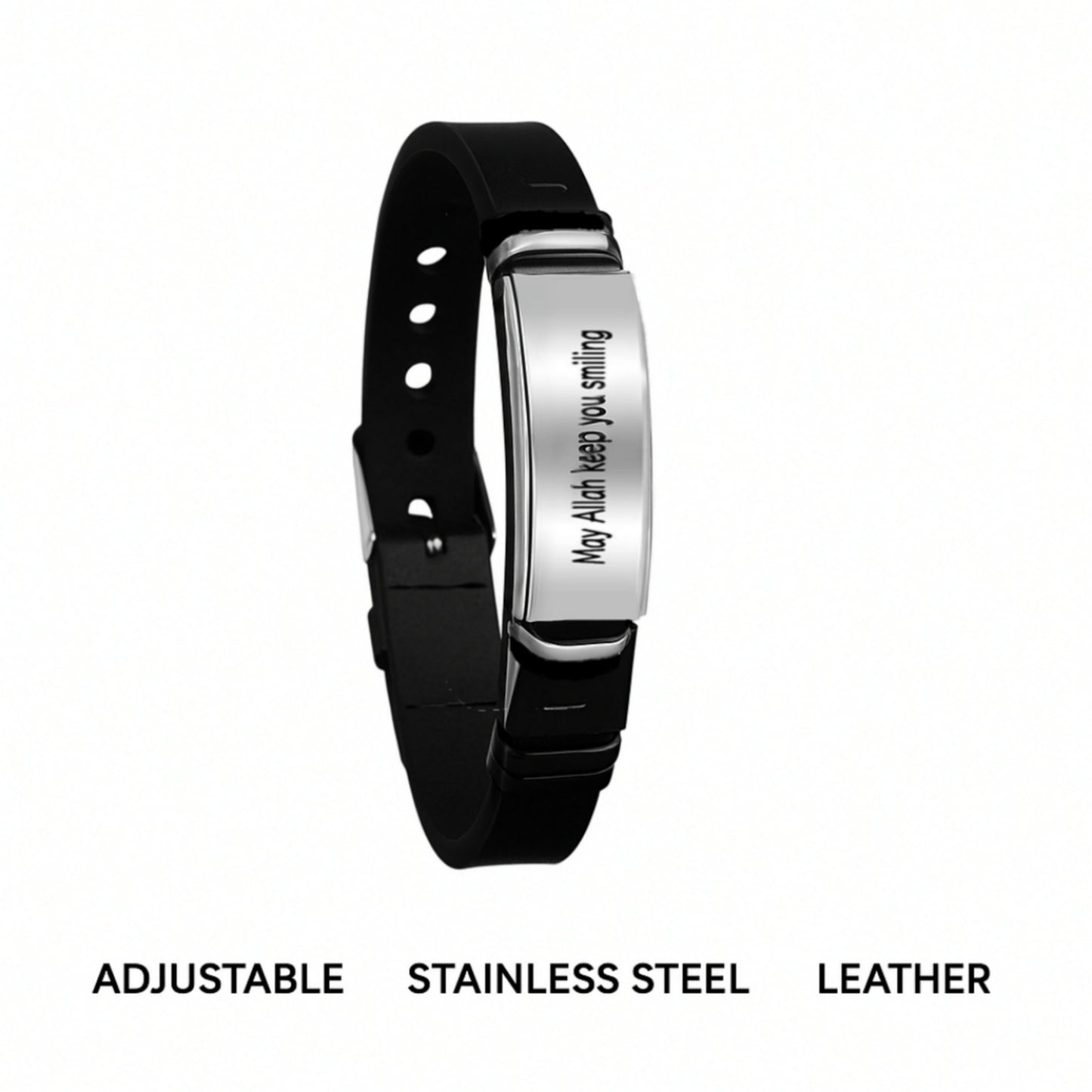 Islamic Leather Bracelet – “May Allah Keep You Smiling” Engraving