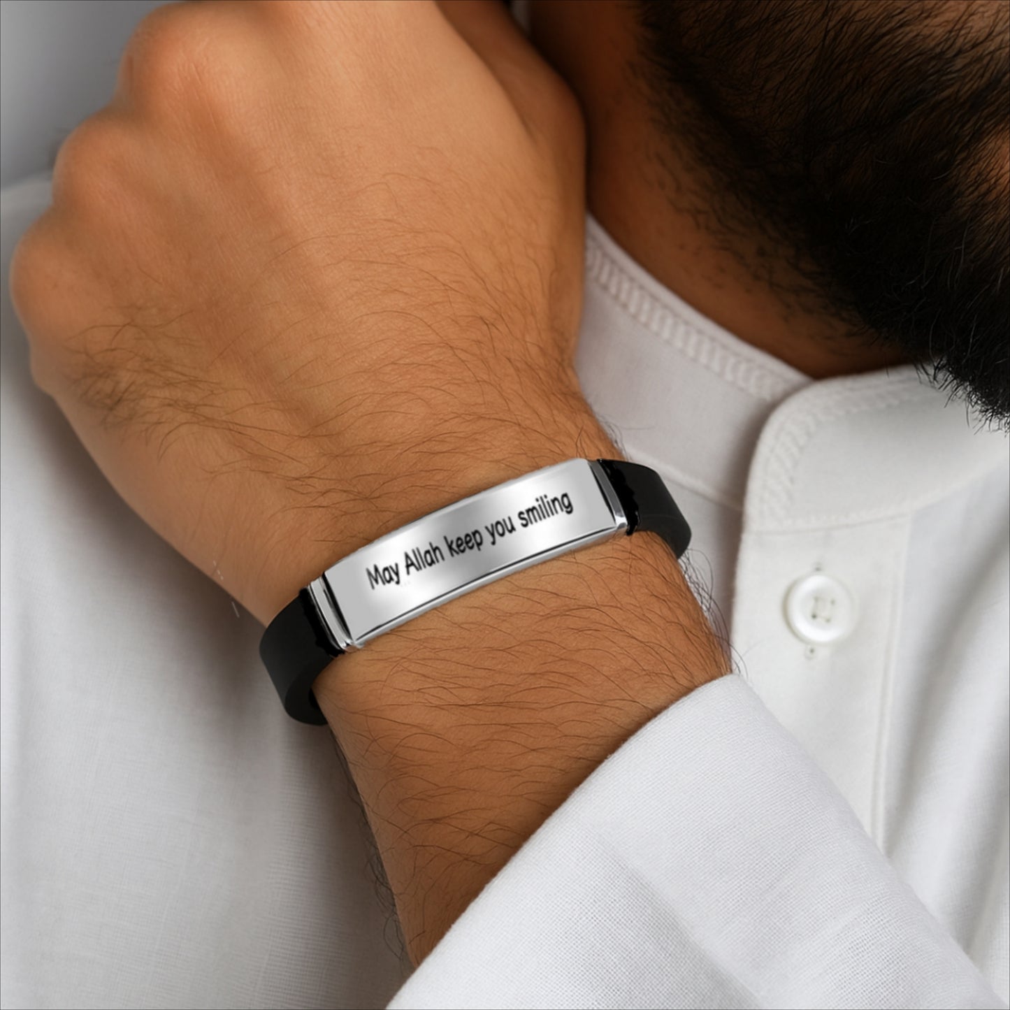 Islamic Leather Bracelet – “May Allah Keep You Smiling” Engraving